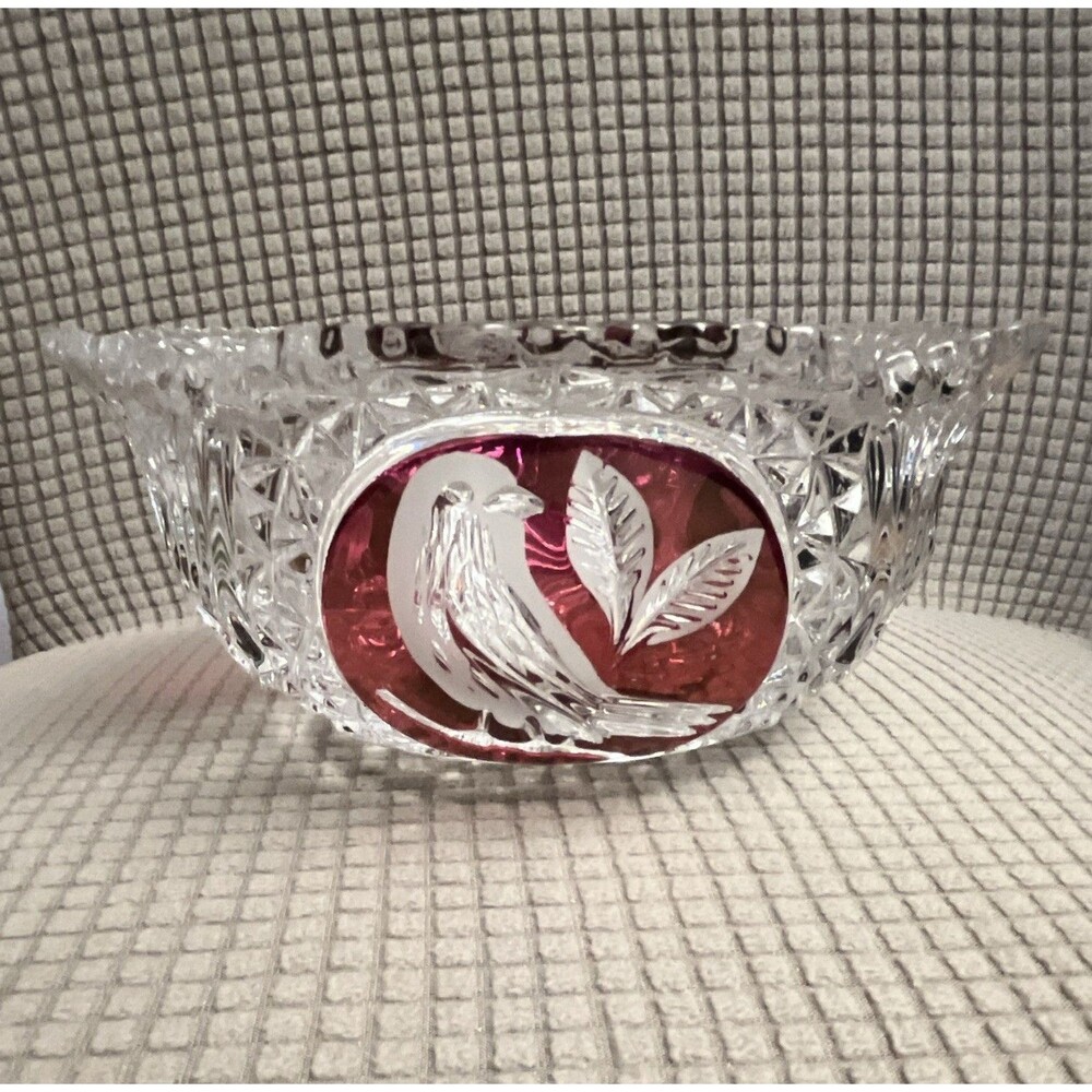 Clear Red Cut Crystal Decorative Bowl Round Etched Bird & Leaf Panels Vintage